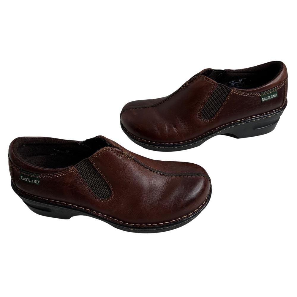 Eastland Women's 8M Brown Leather Slip On Comfort Clogs Shoes Boho Casual Chunky